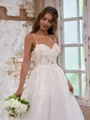 Unique A-line Spaghetti Straps Tulle Court Train Corset Wedding Dress With Appliques Lace
