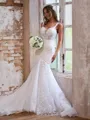 Trumpet/Mermaid Exquisite Off-the-Shoulder Tulle Cathedral Train Corset Wedding Dress With Appliques Lace