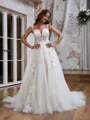 A-line Chic Off-the-Shoulder Tulle Chapel Train Wedding Dress With Slit
