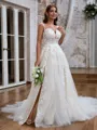 A-line Chic Off-the-Shoulder Tulle Chapel Train Wedding Dress With Slit