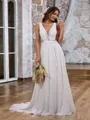 A-line Fashion V-neck Chiffon Sweep Train Wedding Dress With Appliques Lace