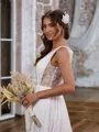 A-line Fashion V-neck Chiffon Sweep Train Wedding Dress With Appliques Lace