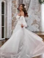 A-line Classy Sweetheart Long Sleeves Tulle Chapel Train Corset Convertible Wedding Dress With Appliques Lace