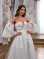 A-line Classy Sweetheart Long Sleeves Tulle Chapel Train Corset Convertible Wedding Dress With Appliques Lace