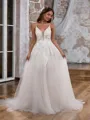 A-line Elegant V-neck Tulle Chapel Train Wedding Dress With Appliques Lace