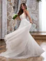 A-line Elegant V-neck Tulle Chapel Train Wedding Dress With Appliques Lace