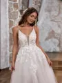 A-line Elegant V-neck Tulle Chapel Train Wedding Dress With Appliques Lace