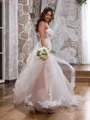 Glam A-line Straps Tulle Chapel Train Corset Wedding Dress With Appliques Lace