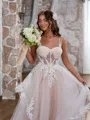 Glam A-line Straps Tulle Chapel Train Corset Wedding Dress With Appliques Lace