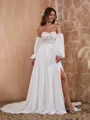 A-line Perfect Sweetheart Long Sleeves Chiffon Court Train Corset Convertible Wedding Dress With Slit