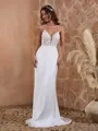Sheath/Column Chic V-neck Satin Chiffon Sweep Train Wedding Dress With Appliques Lace