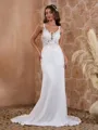 Classy Sheath/Column V-neck Charmeuse Sweep Train Wedding Dress With Appliques Lace