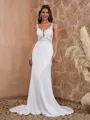 Classy Sheath/Column V-neck Charmeuse Sweep Train Wedding Dress With Appliques Lace