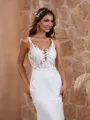 Classy Sheath/Column V-neck Charmeuse Sweep Train Wedding Dress With Appliques Lace