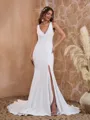 Glam Sheath/Column V-neck Stretch Crepe Court Train Wedding Dress With Slit