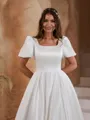 Gorgeous Ball Gown Square Short Sleeves Charmeuse Chapel Train Wedding Dress