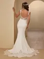 Sheath/Column Exquisite V-neck Stretch Crepe Chapel Train Wedding Dress With Appliques Lace