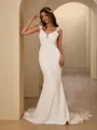 Sheath/Column Exquisite V-neck Stretch Crepe Chapel Train Wedding Dress With Appliques Lace