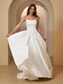 Pretty A-line Straight Satin Sweep Train Corset Wedding Dress With Pleated