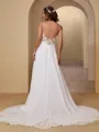 Charming A-line V-neck Chiffon Cathedral Train Wedding Dress With Appliques Lace