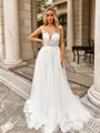 Chic A-line Scoop Appliques Lace Sweep Train Tulle Wedding Dress