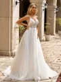 Charming A-line V-Neck Appliques Lace Sweep Train Tulle Wedding Dress