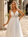 Charming A-line V-Neck Appliques Lace Sweep Train Tulle Wedding Dress