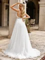 Charming A-line V-Neck Appliques Lace Sweep Train Tulle Wedding Dress
