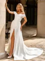 Stunning Sheath Off-the-Shoulder Pleated Chapel Train Satin Convertible Wedding Dress