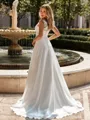 Perfect A-line V-Neck Appliques Lace Sweep Train Chiffon Wedding Dress