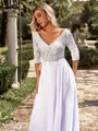 Fashion A-line V-Neck 3/4 Sleeves Appliques Lace Floor-Length Chiffon Wedding Dress