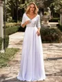 Fashion A-line V-Neck 3/4 Sleeves Appliques Lace Floor-Length Chiffon Wedding Dress