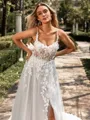 Glam A-line Spaghetti Straps Appliques Lace Court Train Tulle Corset Wedding Dress