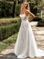 Glam A-line Spaghetti Straps Appliques Lace Court Train Tulle Corset Wedding Dress