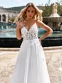 Pretty A-line V-Neck Appliques Lace Sweep Train Tulle Wedding Dress