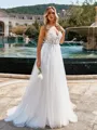 Pretty A-line V-Neck Appliques Lace Sweep Train Tulle Wedding Dress