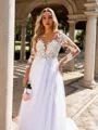 Delicate A-line Scoop Long Sleeves Appliques Lace Court Train Tulle Wedding Dress