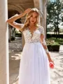 Delicate A-line Scoop Long Sleeves Appliques Lace Court Train Tulle Wedding Dress