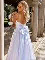 Exquisite A-line Spaghetti Straps Bow Sweep Train Satin Corset Wedding Dress