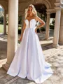 Exquisite A-line Spaghetti Straps Bow Sweep Train Satin Corset Wedding Dress