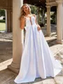 Exquisite A-line Spaghetti Straps Bow Sweep Train Satin Corset Wedding Dress