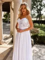 Dazzling A-line Spaghetti Straps Appliques Lace Sweep Train Chiffon Corset Wedding Dress