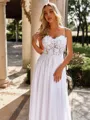 Dazzling A-line Spaghetti Straps Appliques Lace Sweep Train Chiffon Corset Wedding Dress