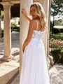 Dazzling A-line Spaghetti Straps Appliques Lace Sweep Train Chiffon Corset Wedding Dress