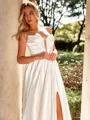 Classy A-line Straight Pleated Court Train Silk like Satin Corset Wedding Dress