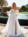 Flattering A-line Sweetheart Long Sleeves Appliques Lace Chapel Train Tulle Corset Wedding Dress
