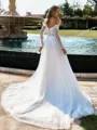 Graceful A-line Off-the-Shoulder Long Sleeves Appliques Lace Chapel Train Tulle Corset Wedding Dress