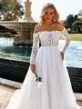 Graceful A-line Off-the-Shoulder Long Sleeves Appliques Lace Chapel Train Tulle Corset Wedding Dress