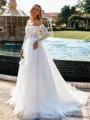Graceful A-line Off-the-Shoulder Long Sleeves Appliques Lace Chapel Train Tulle Corset Wedding Dress