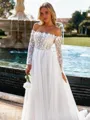 Graceful A-line Off-the-Shoulder Long Sleeves Appliques Lace Chapel Train Tulle Corset Wedding Dress